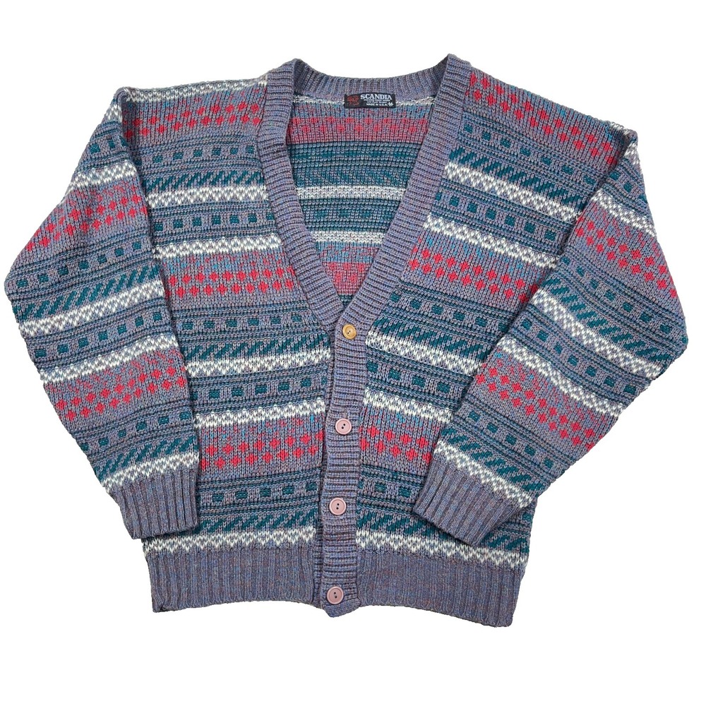 Vintage  Scandia Cardigan Sweater‎ Men Medium Blue Red Grandpa Geometric 90s USA
